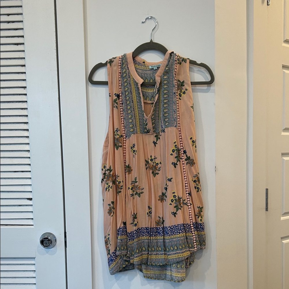 Nostalgia Peach Floral Boho Tank with Embroidered Yoke